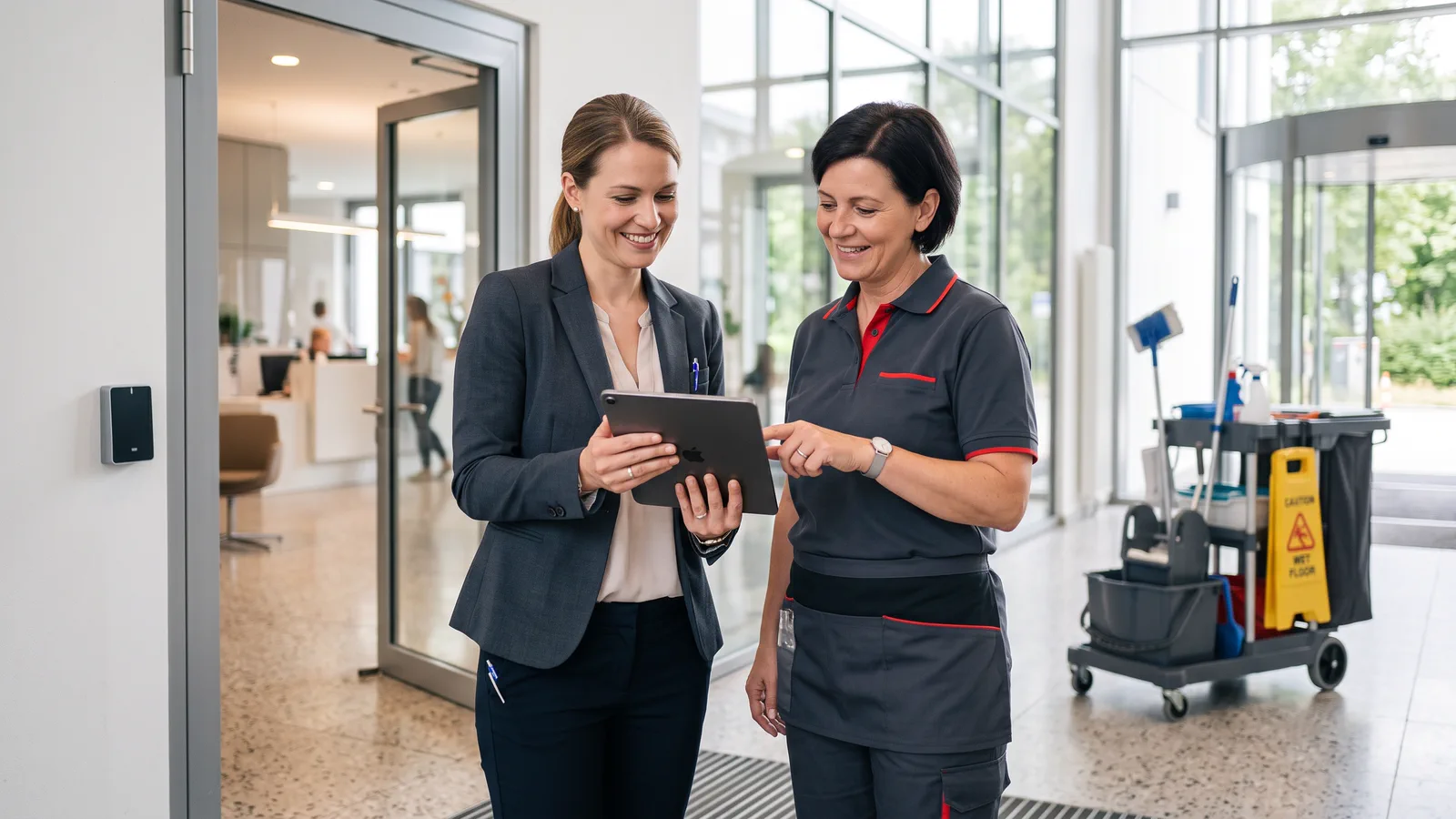 Digitaler Arbeitszeitnachweis auf einem Tablet am Eingang eines Buerogebaeudes