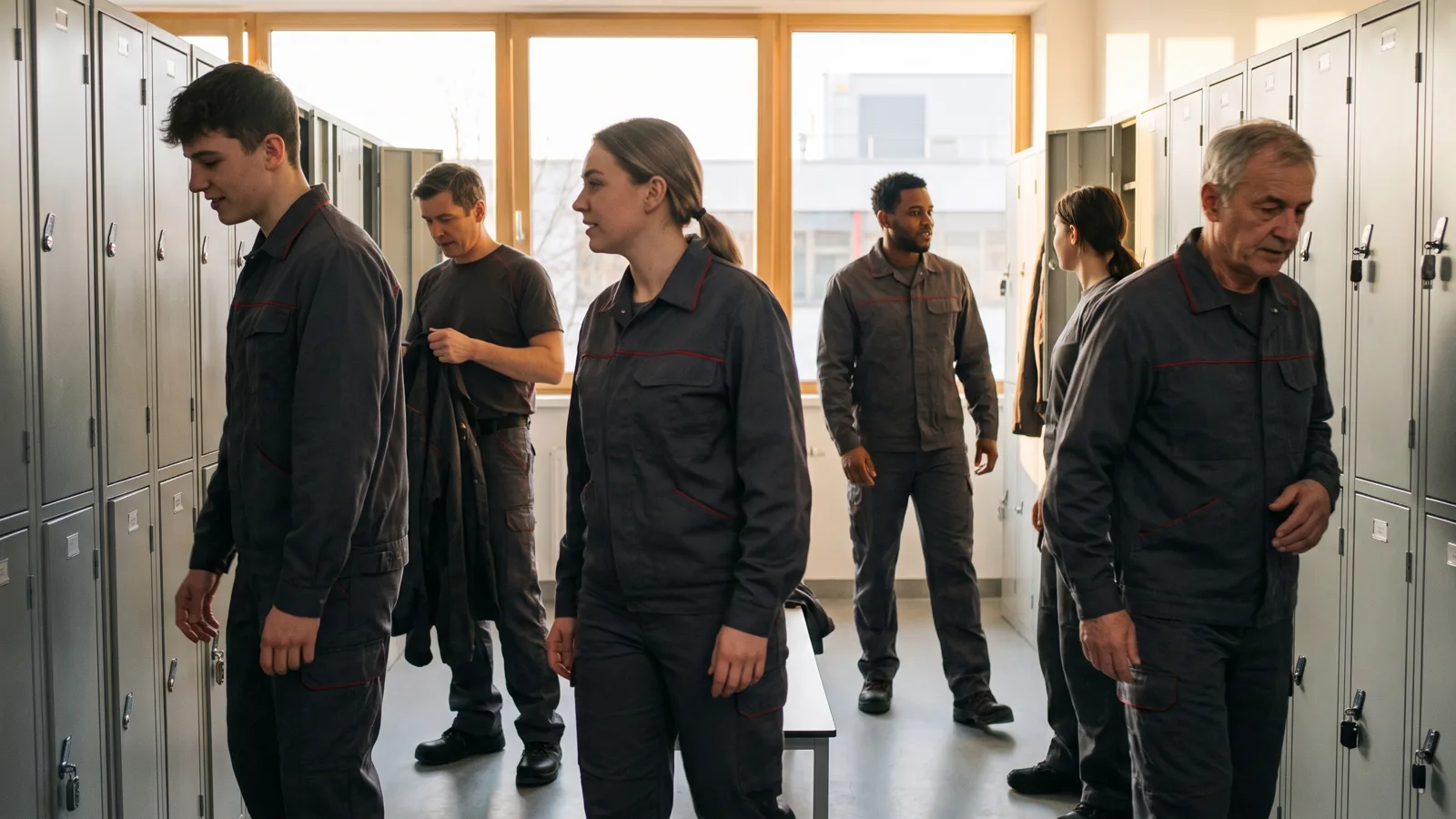 Mehrere Mitarbeitende in Arbeitskleidung beim Schichtwechsel in einer hellen Umkleide mit grauen Spinden