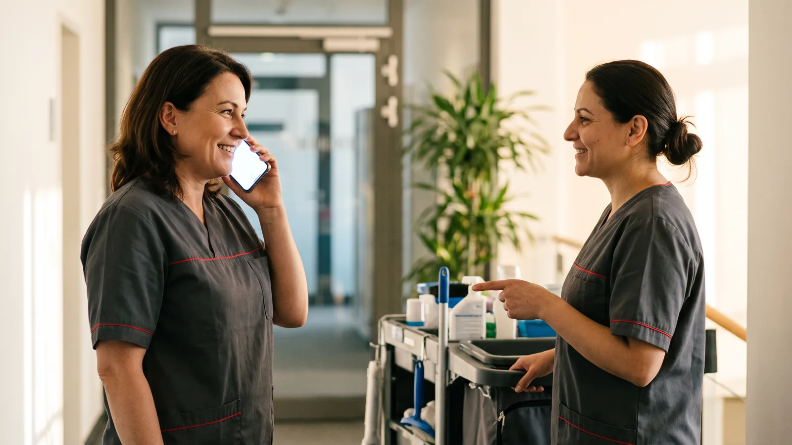 Objektleiterin telefoniert laechelnd mit dem Smartphone im Bueroflur, eine Reinigungskraft am Reinigungswagen zeigt ihr etwas
