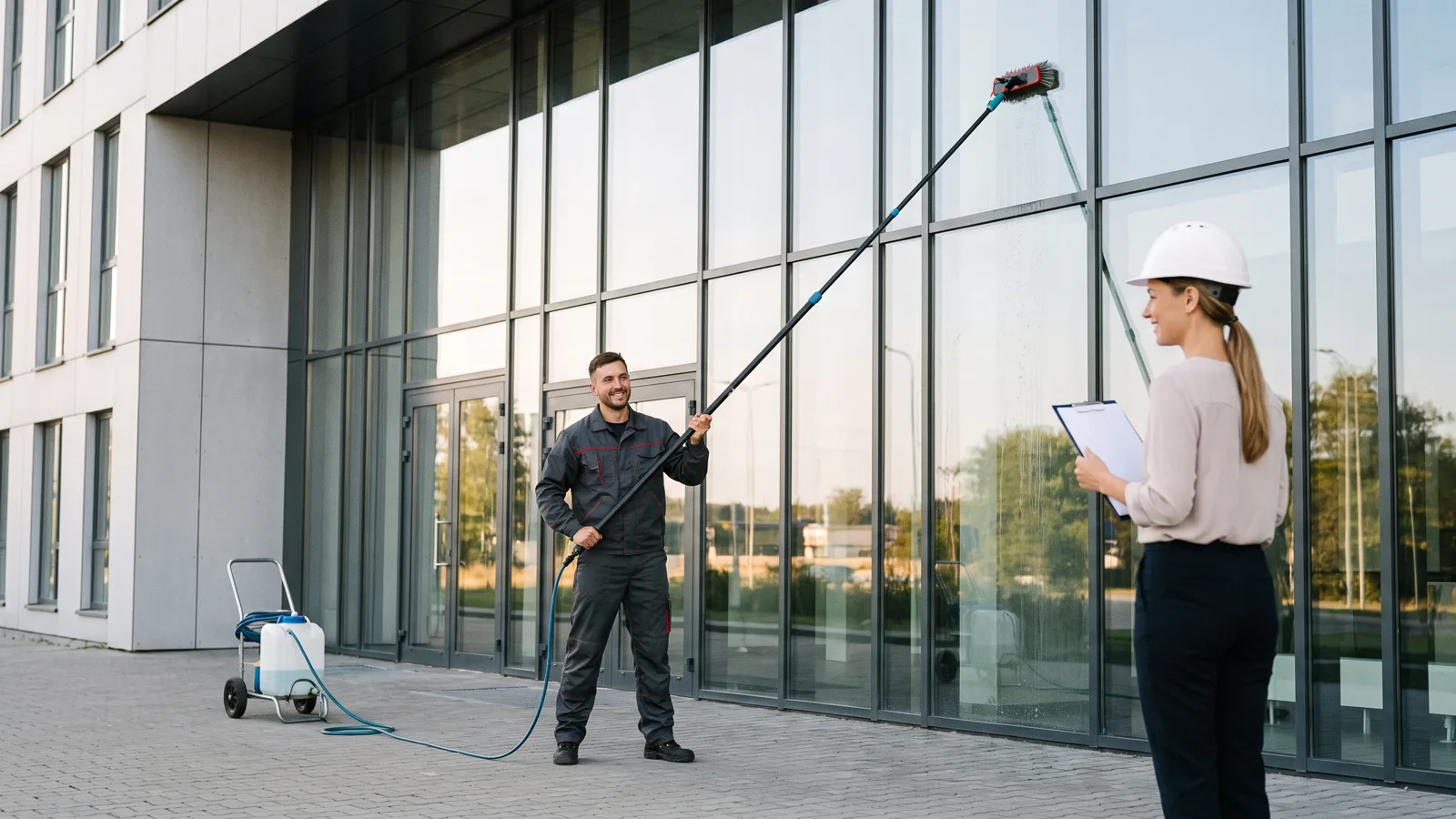 Glasreiniger reinigt mit einer Teleskop-Wasserstange vom Boden aus die Glasfassade eines Neubaus, eine Bauherrin mit Schutzhelm und Klemmbrett schaut laechelnd zu