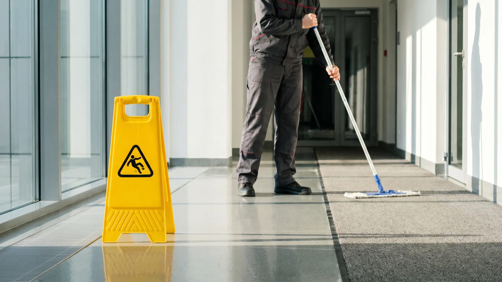 Reinigungskraft wischt einen Flur abschnittsweise, gelber Warnaufsteller mit Rutschgefahr-Piktogramm und trockener Laeufer sichern den Weg