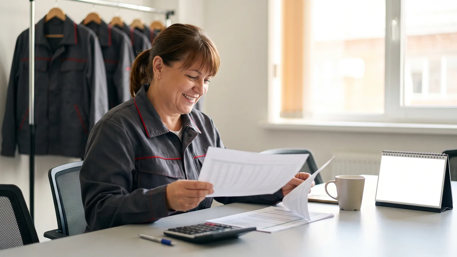 Laechelnde Objektleiterin in Arbeitskleidung blaettert am Besprechungstisch durch ausgedruckte Tabellenblaetter, daneben Taschenrechner, Kaffeetasse und Tischkalender