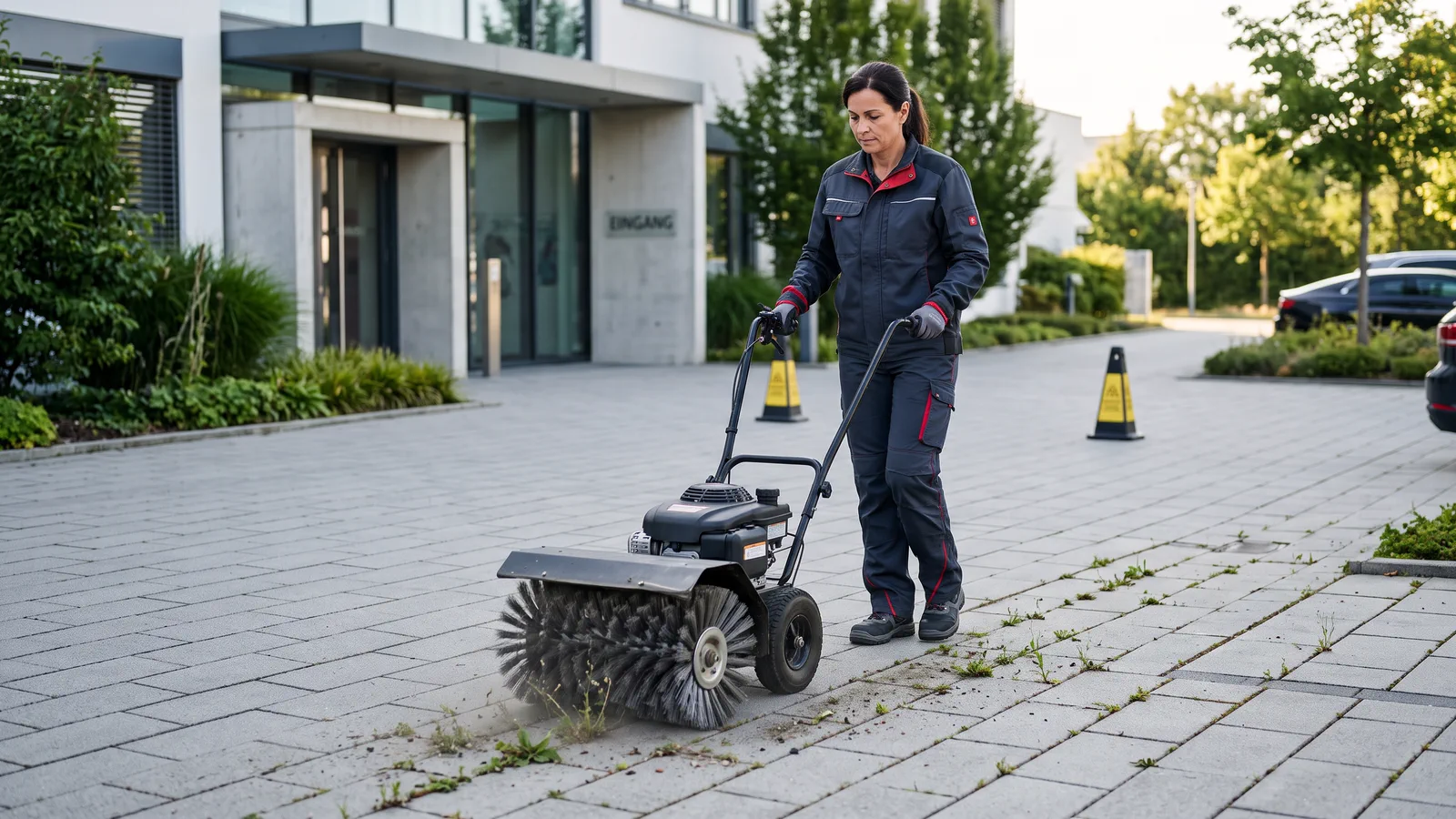 Reinigungskraft entfernt Wildkraut mit einer mechanischen Buerste auf einem Gewerbehof